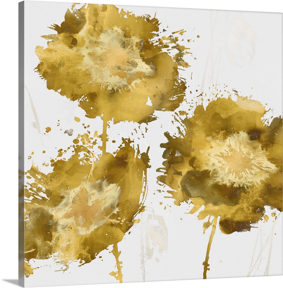 Square decor with three paint splattered flowers in shades of gold.