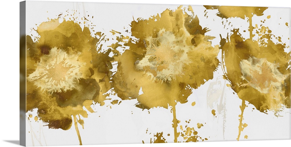 Abstract illustrations of metallic gold flowers on a white background.