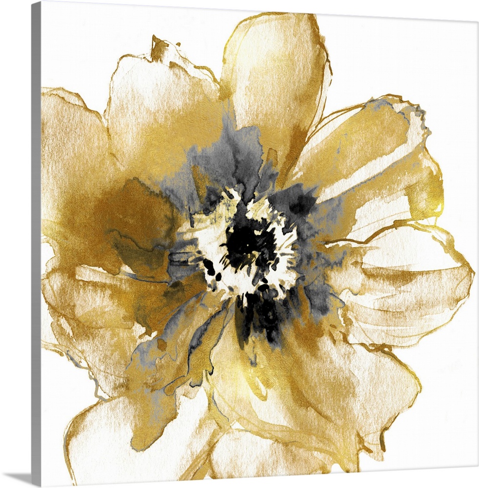 Contemporary artwork featuring gold petals in foil texture with gray short brush strokes in the center.