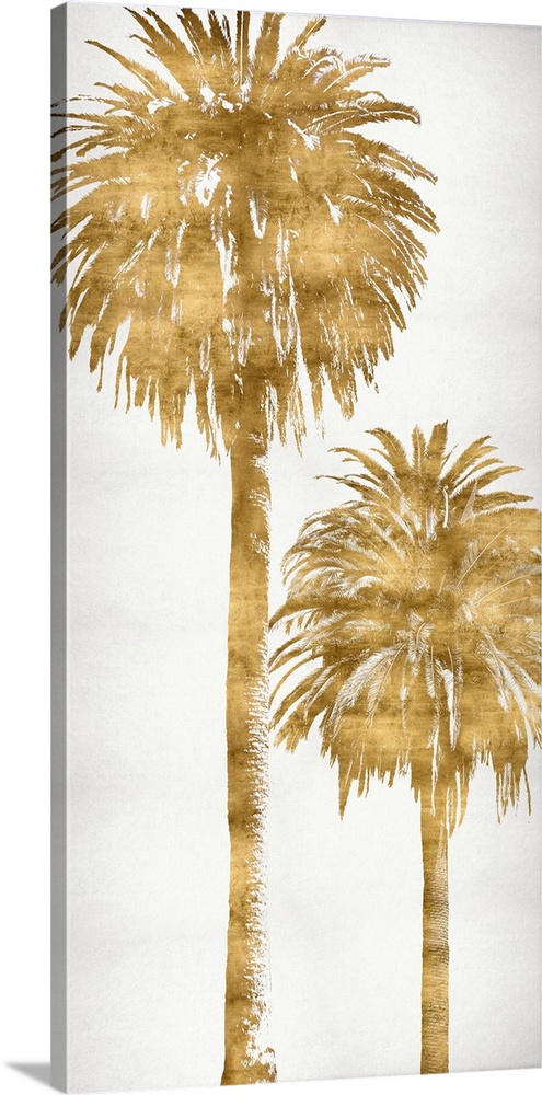 Golden silhouettes of two palm trees on a solid white background.