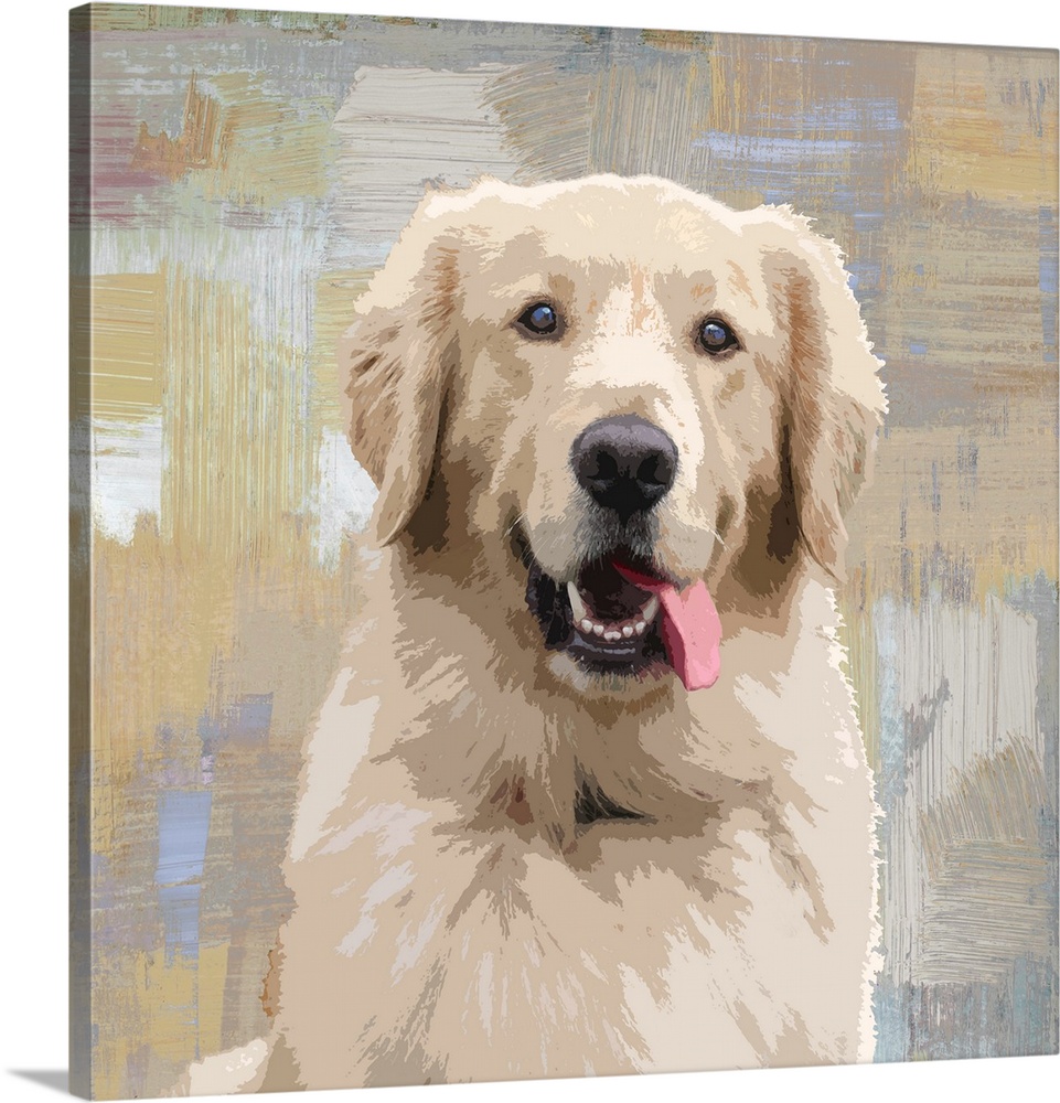 Square decor with a portrait of a Golden Retriever on a layered gray, blue, and tan background.