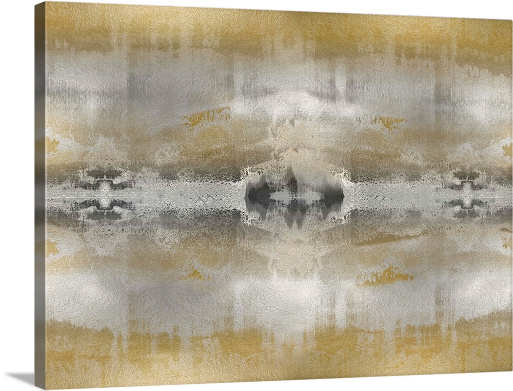 Large abstract art in metallic silver, dark gray, and gold.