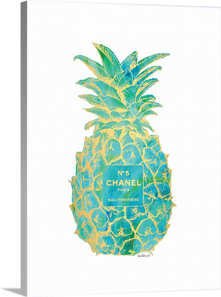 Line art design of a pineapple with a No. 5 Chanel perfume label over it.