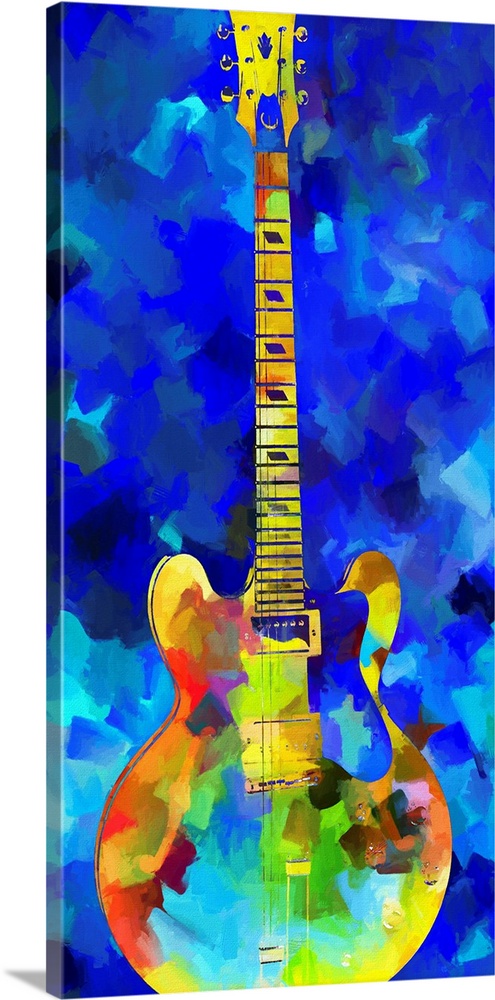 Paneled painting of a guitar in an abstract style.