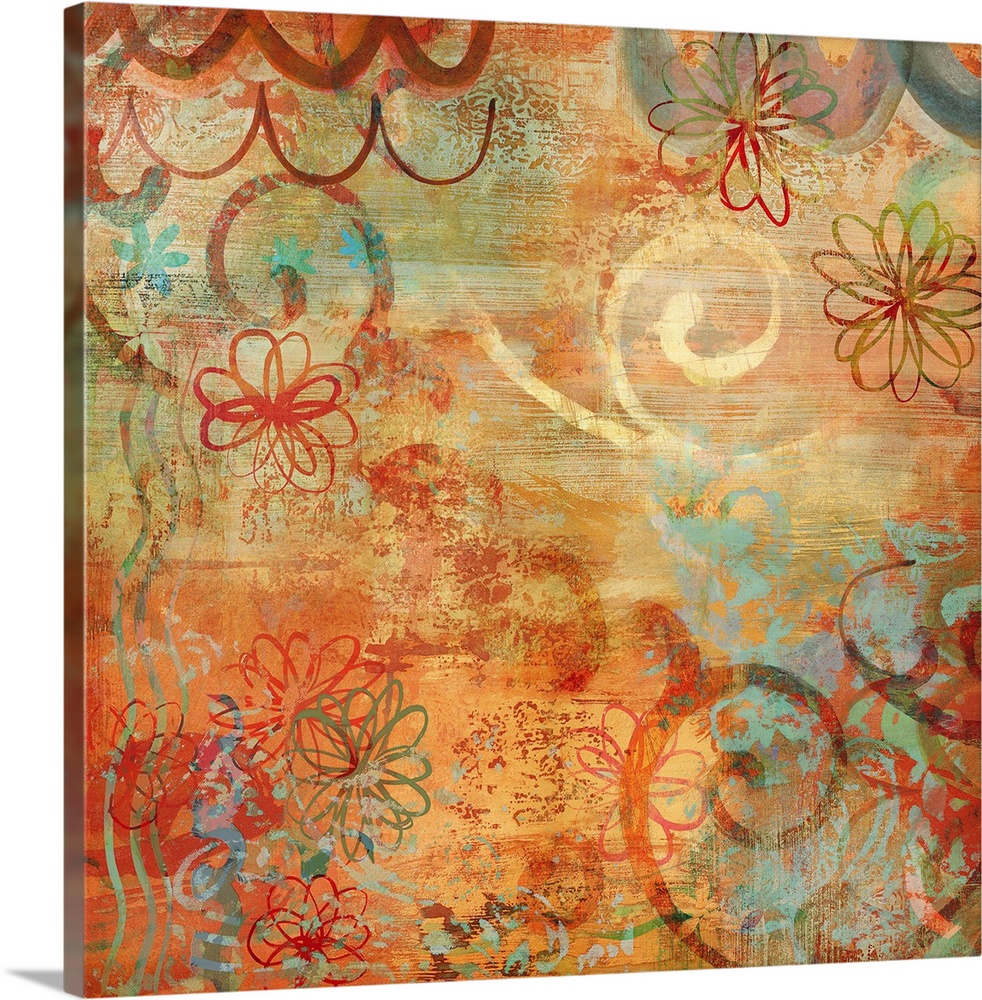 Square abstract art with warm colors, hints of cool blues, and floral illustrations.