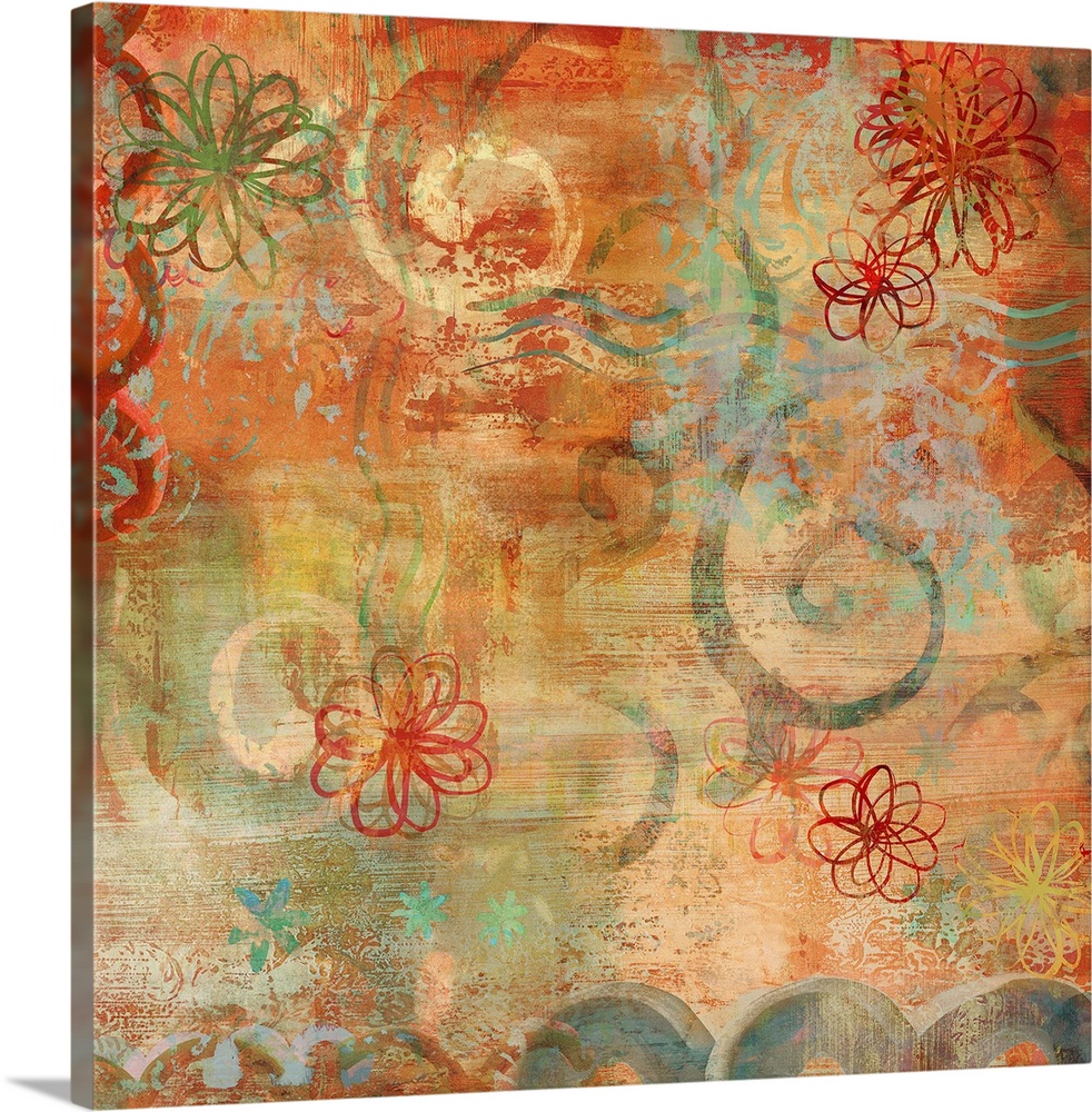 Square abstract art with warm colors, hints of cool blues, and floral illustrations.