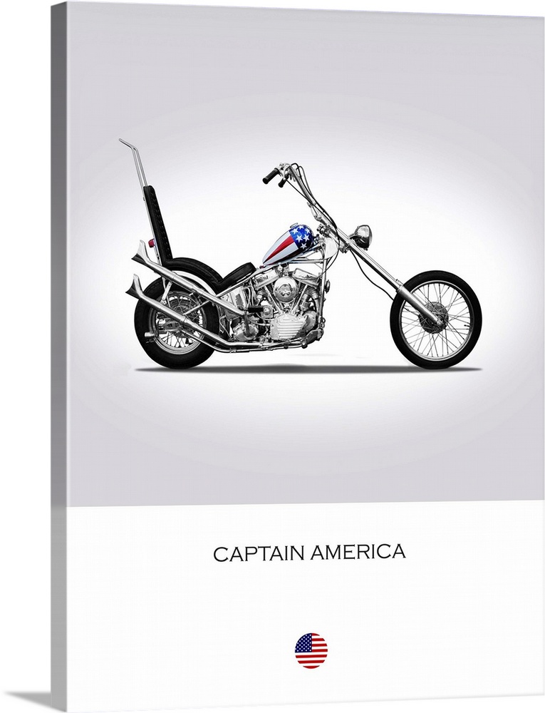 Photograph of a Harley Davidson Captain America printed on a white and gray background.