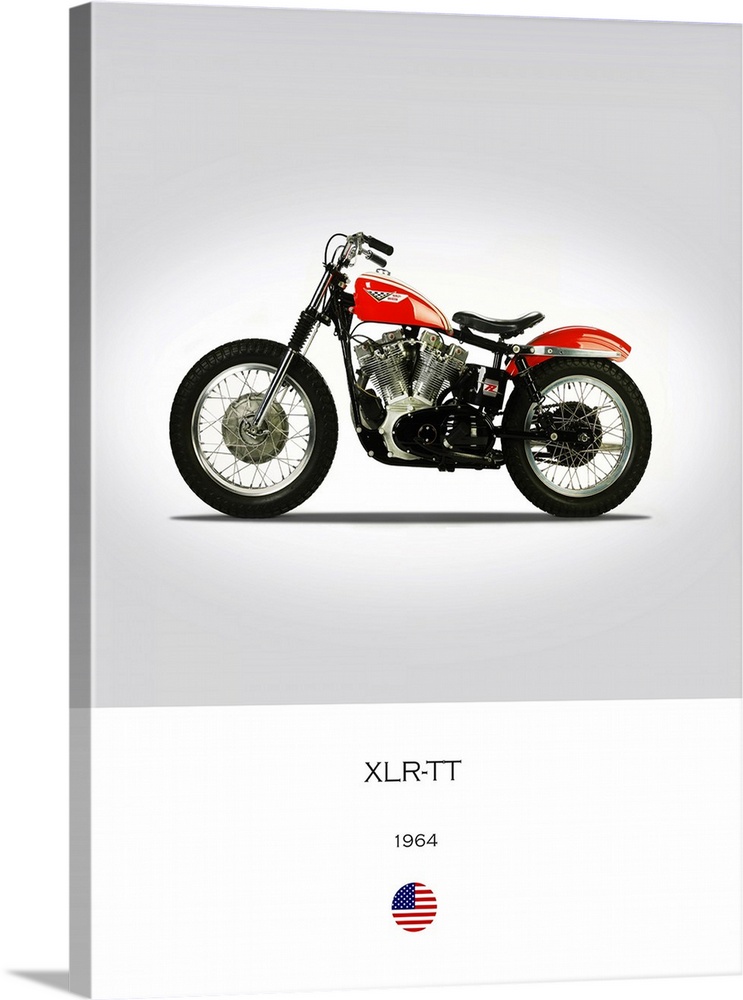 Photograph of a Harley Davidson XLR TT 1964 printed on a white and gray background.