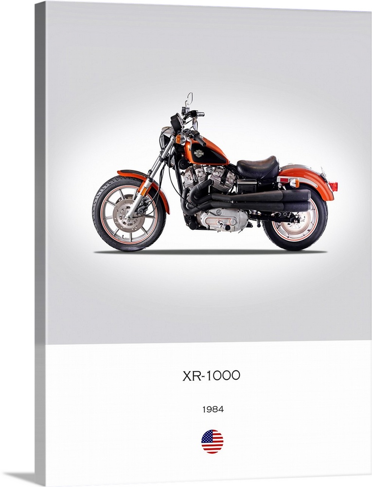 Photograph of a Harley Davidson XR 1000 1984 printed on a white and gray background.