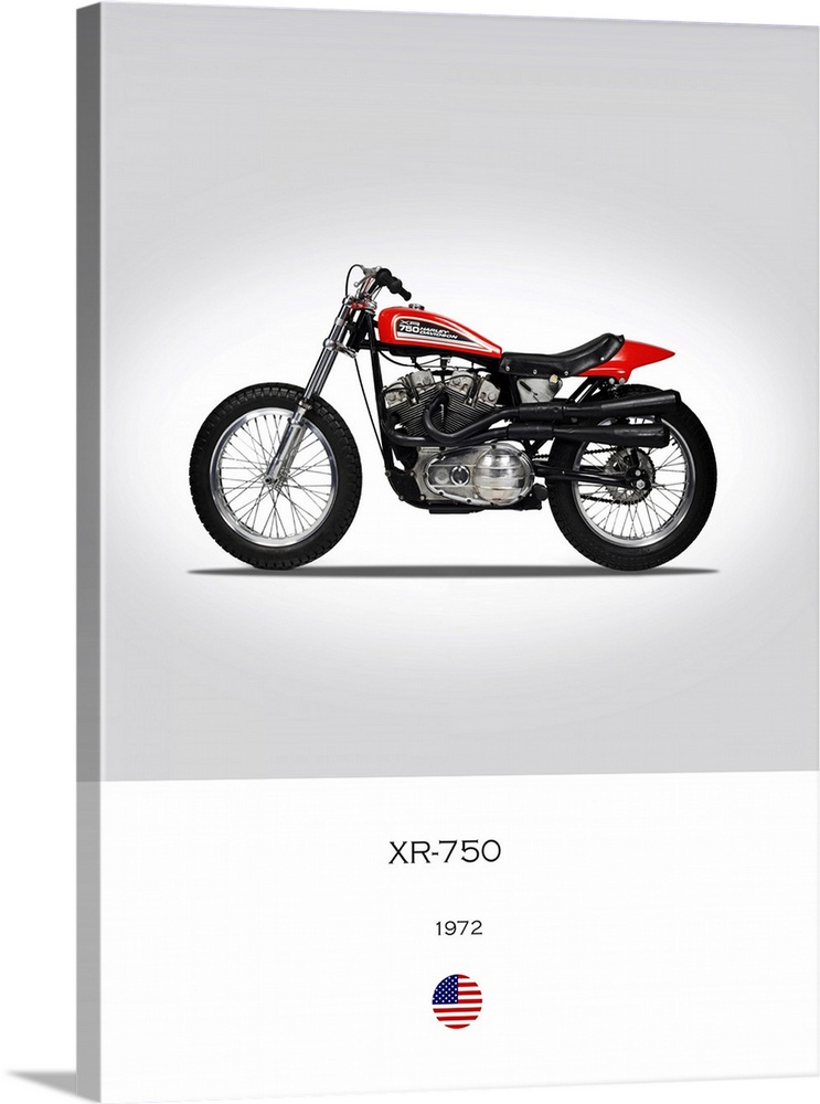 Photograph of a Harley Davidson XR 750 1972 printed on a white and gray background.