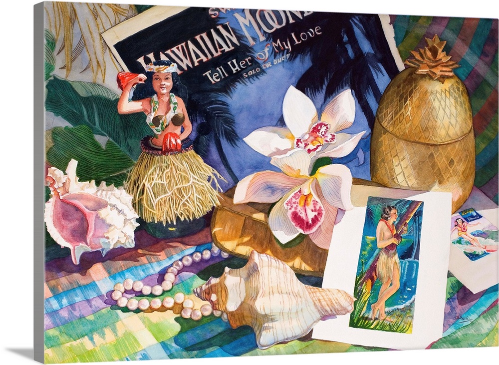 Watercolor painting of Hawaii themed decor including a hula girl, flowers, conch shells, a pineapple, and beads placed on ...