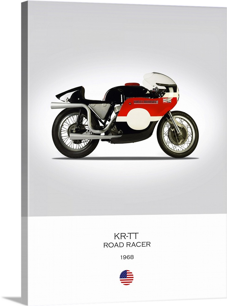 Photograph of a HD KR TT Road Racer 1968 printed on a white and gray background.