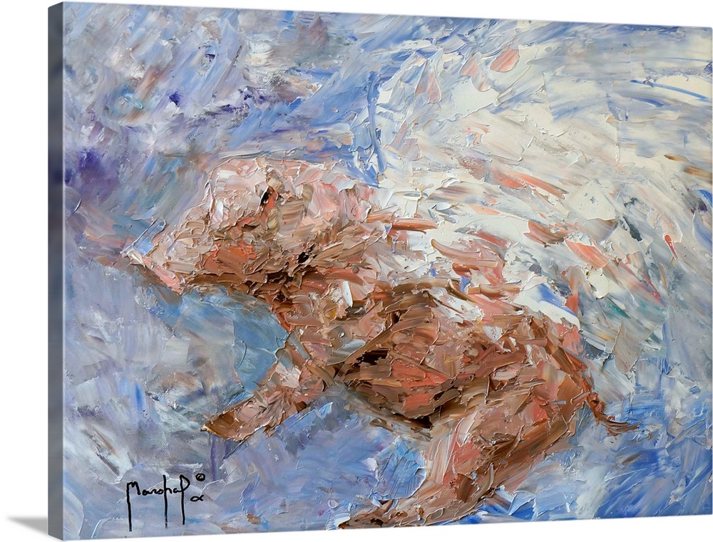 Abstract painting of a pig with white wings flying in the sky.