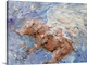 image thumbnail of Abstract painting of a pig with white wings flying in the sky.