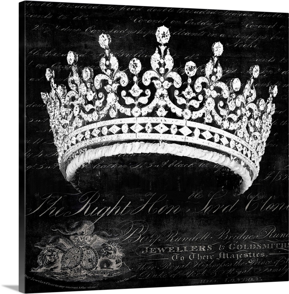 Square decor with a silver crown in the foreground and white script on the black background.