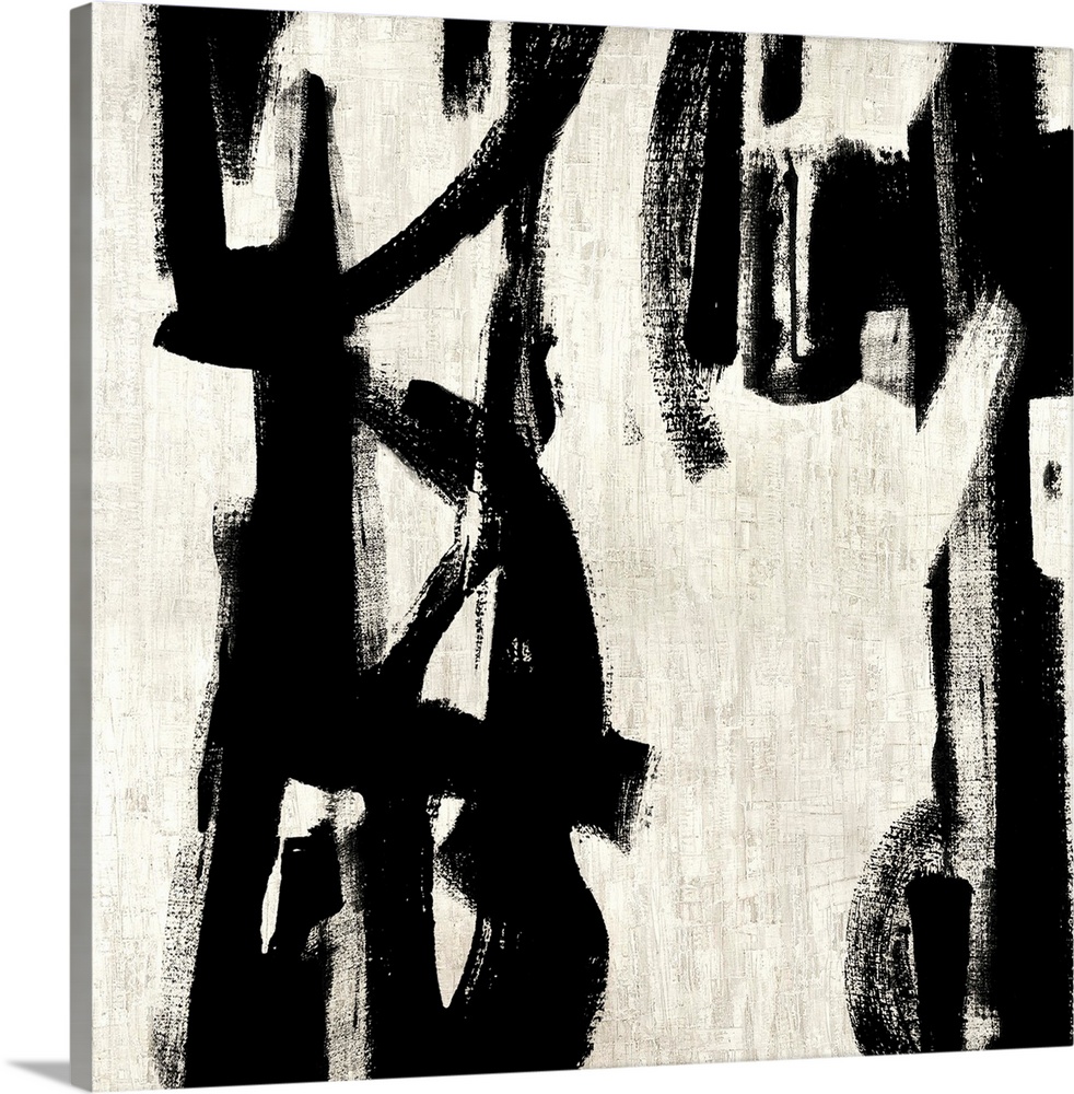 Square abstract painting in black and white with vertical designs.