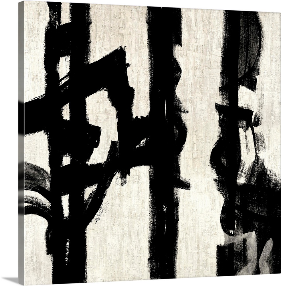 Square abstract painting in black and white with vertical designs.