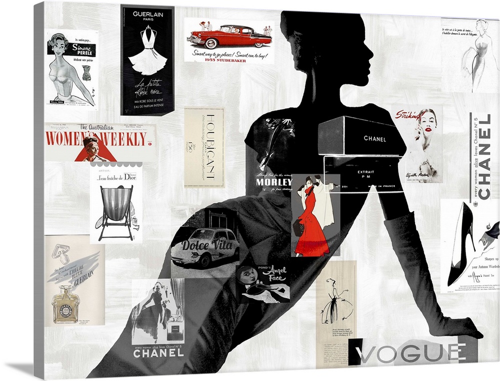 Large collage art with a black and gray silhouette of a woman on a white background with designer fashion cut outs all ove...