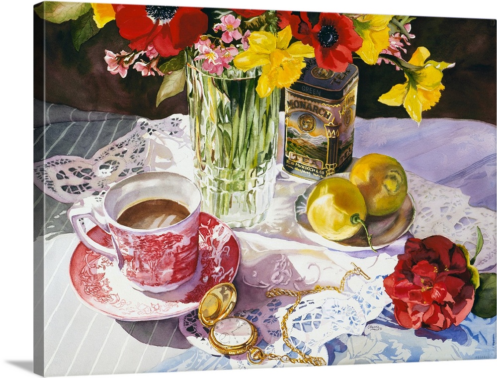 Contemporary watercolor painting of a tea party set up in red, yellow, green, and white.