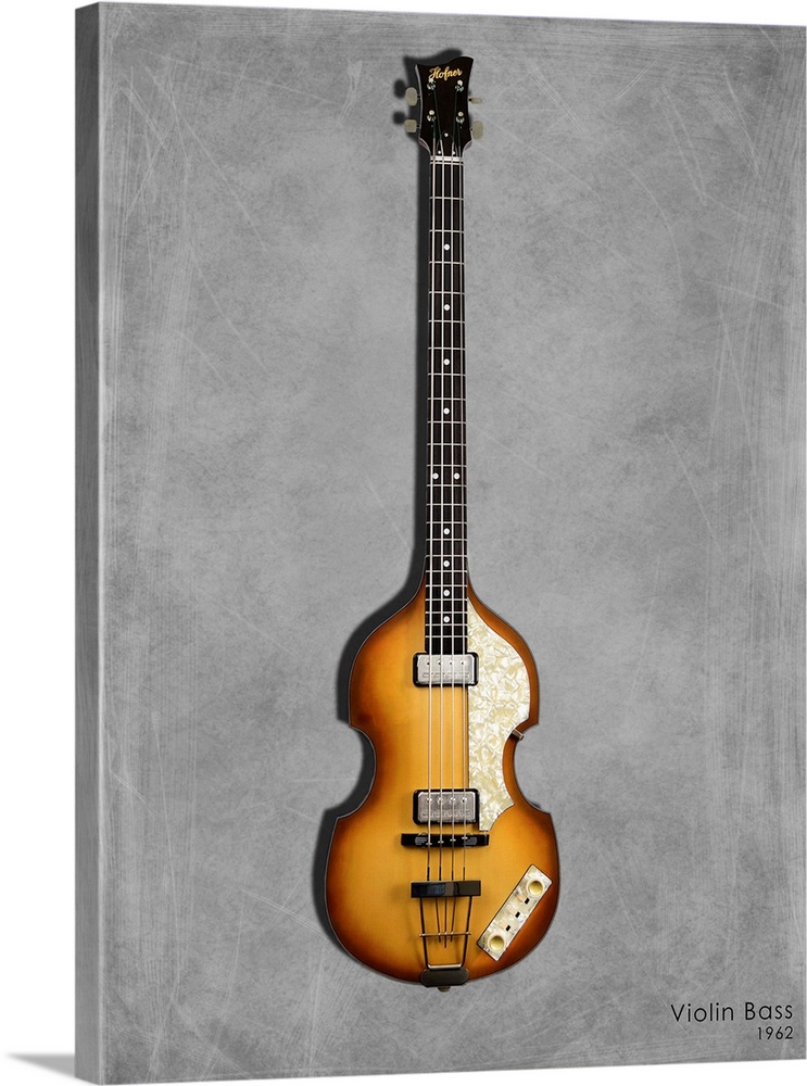 Photograph of a Hofner Violin Bass 62 printed on a textured background in shades of gray.