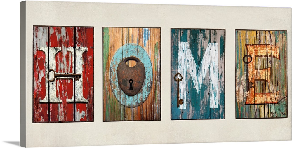 "HOME" sign with antique keys or a lock on each letter.