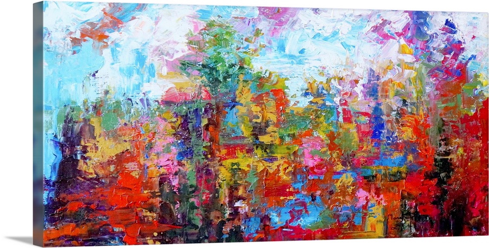 Abstract painting of colorful trees created with small, layered brushstrokes in every direction.