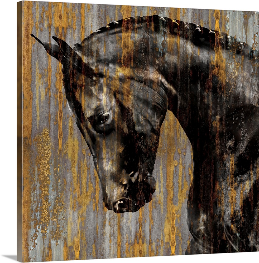 Square decor of a black stallion with its head down on a silver background and gold streaks running over the top.
