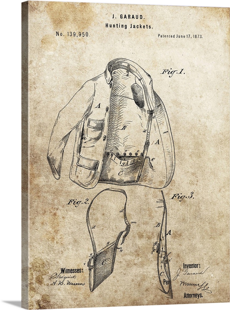 Antique style blueprint diagram of a Hunting Jacket printed on an aged background.