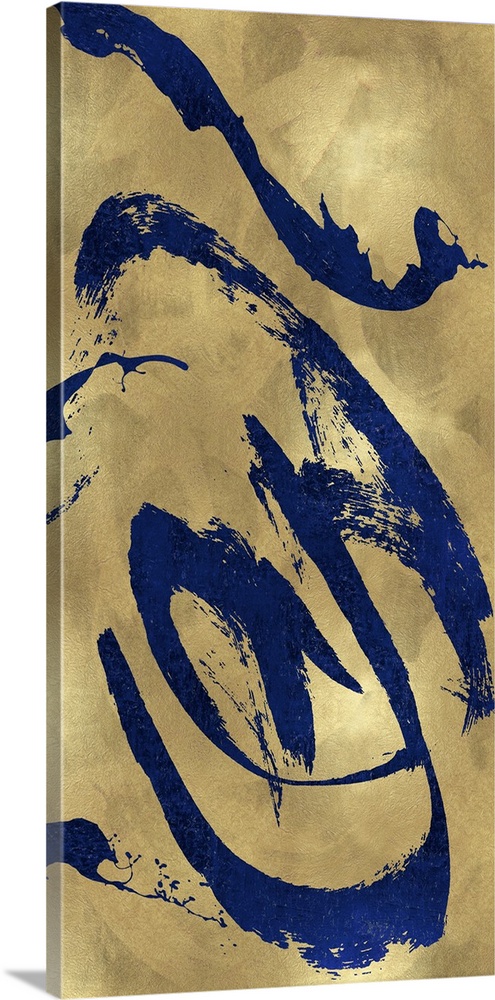 Gestural and energetic brush strokes in blue decorate a mottled gold color background in this contemporary artwork.