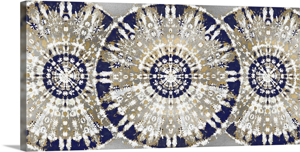 Large abstract decor with three patterned, bohemian style circles overlapping in a row with blue, silver, gold, and white ...
