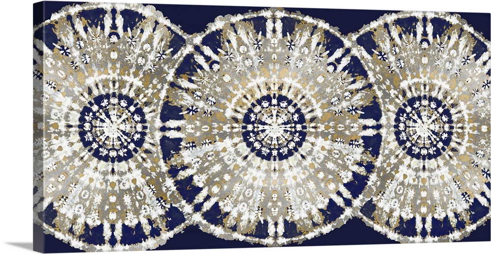 Large abstract decor with three patterned, bohemian style circles overlapping in a row with blue, silver, gold, and white ...