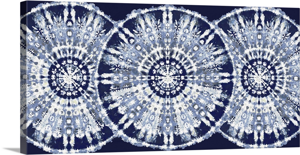 Large abstract decor with three patterned, bohemian style circles overlapping in a row with blue, silver, and white hues.