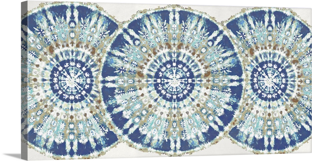 Large abstract decor with three patterned, bohemian style circles overlapping in a row with blue, gold, and white hues.