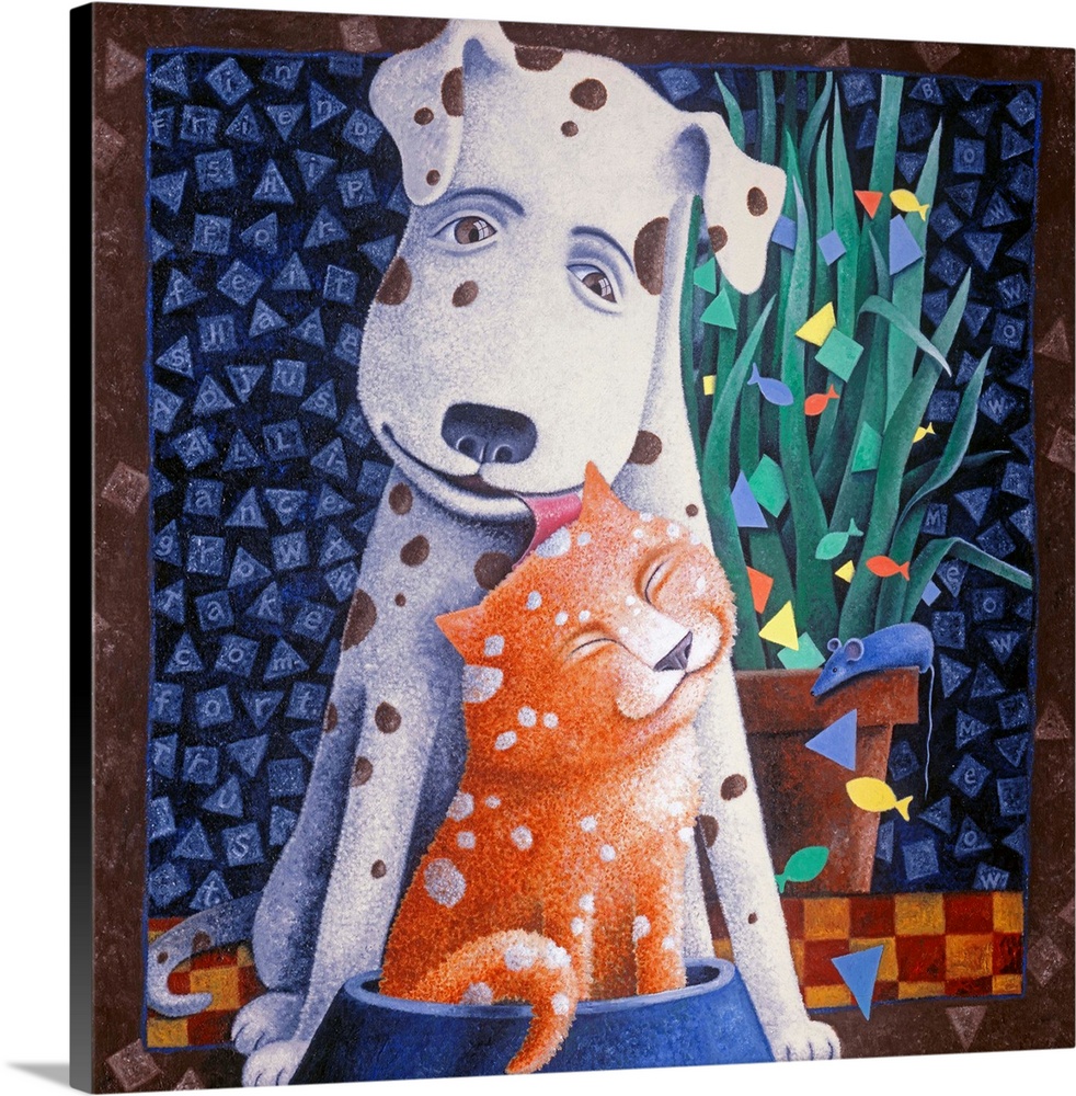 Square painting of a white and brown spotted dog licking an orange and white spotted cat on the head.