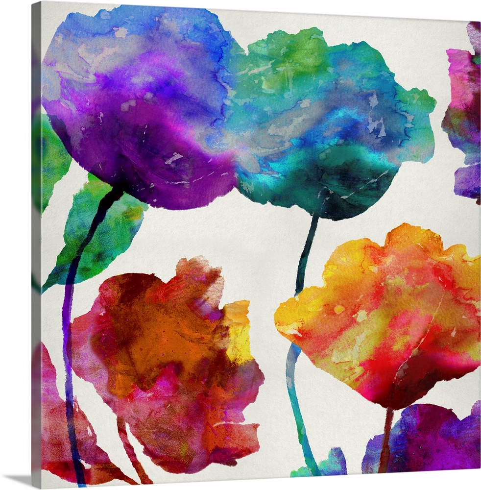Square art with silhouettes of flowers with multiple colors melding together with a watercolor look on a plain background.