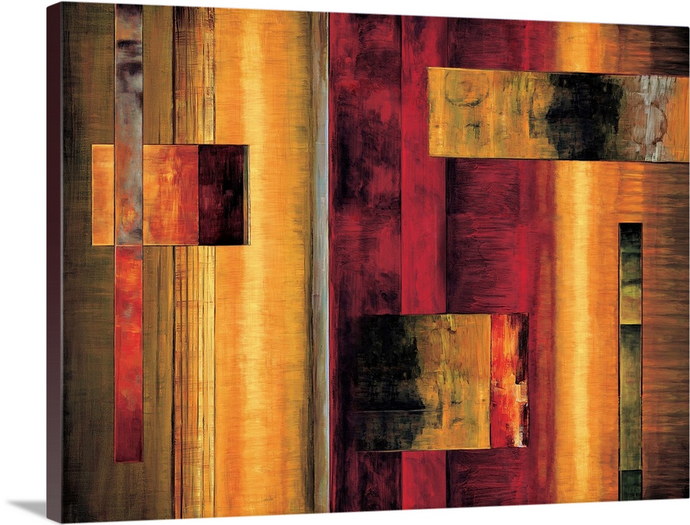 Large abstract painting with non-uniformed vertical lined sections of color in the background and geometric rectangles on ...