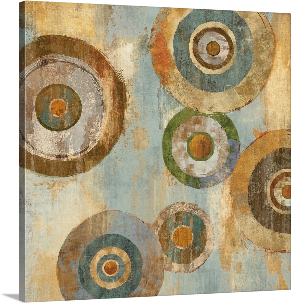 Square abstract decor with colorful circles around circles on a blue, cream, and gold background.