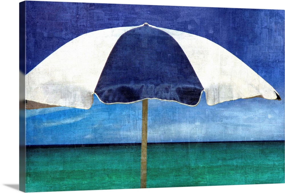 Beachy illustration with a blue and white striped umbrella and the ocean in the background.