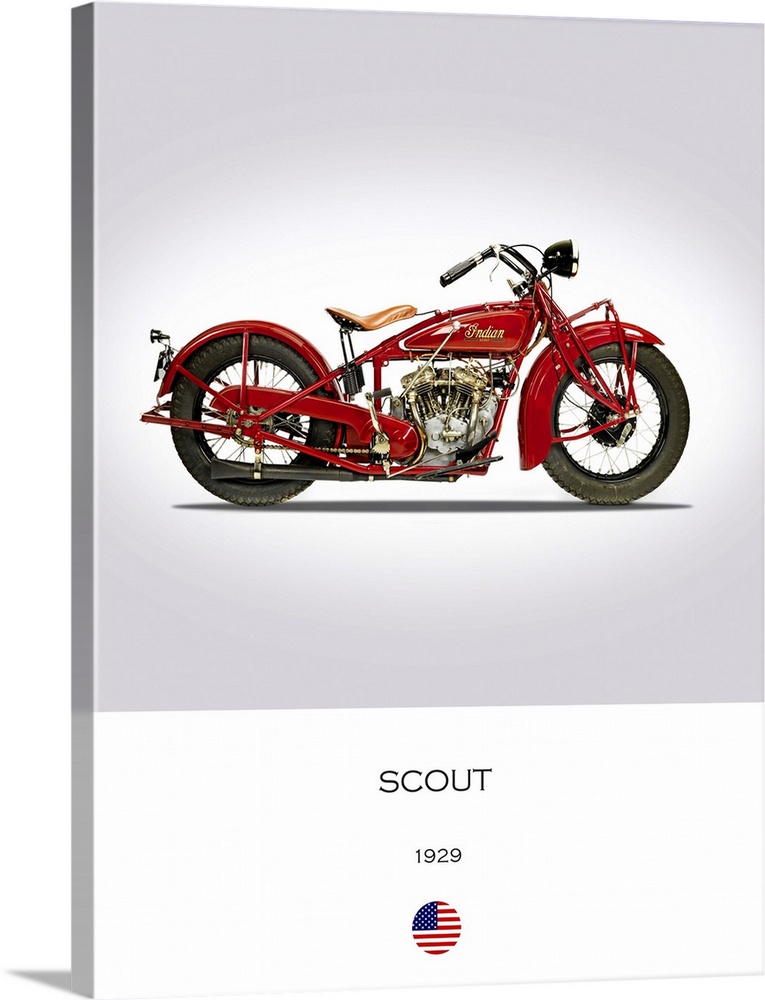 Photograph of an Indian Scout 101 1929 printed on a white and gray background.