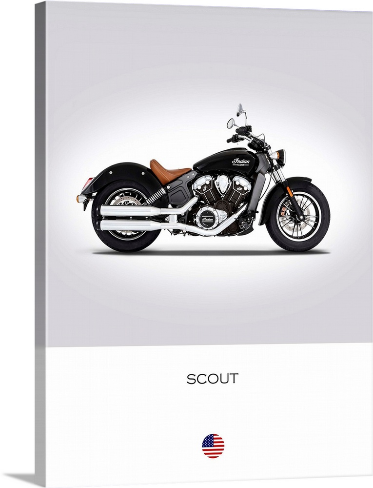 Photograph of an Indian Scout 2016 printed on a white and gray background.
