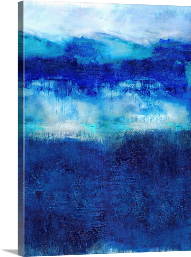 Vertical abstract painting created with deep shades of blue on a white background.