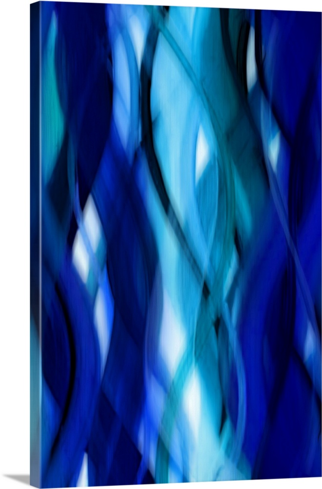 Abstract art with blurred, wavy ribbons running vertically along the canvas from top to bottom in shades of blue.