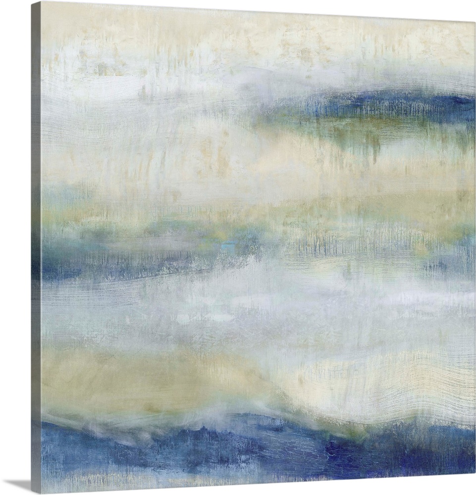 Square abstract art with soft layers of color in shades of blue, green, yellow, white, and gray.