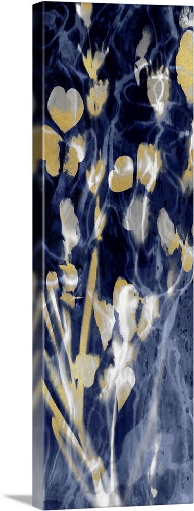 Paneled artwork with metallic gold silhouetted leaves on an hazy indigo background.