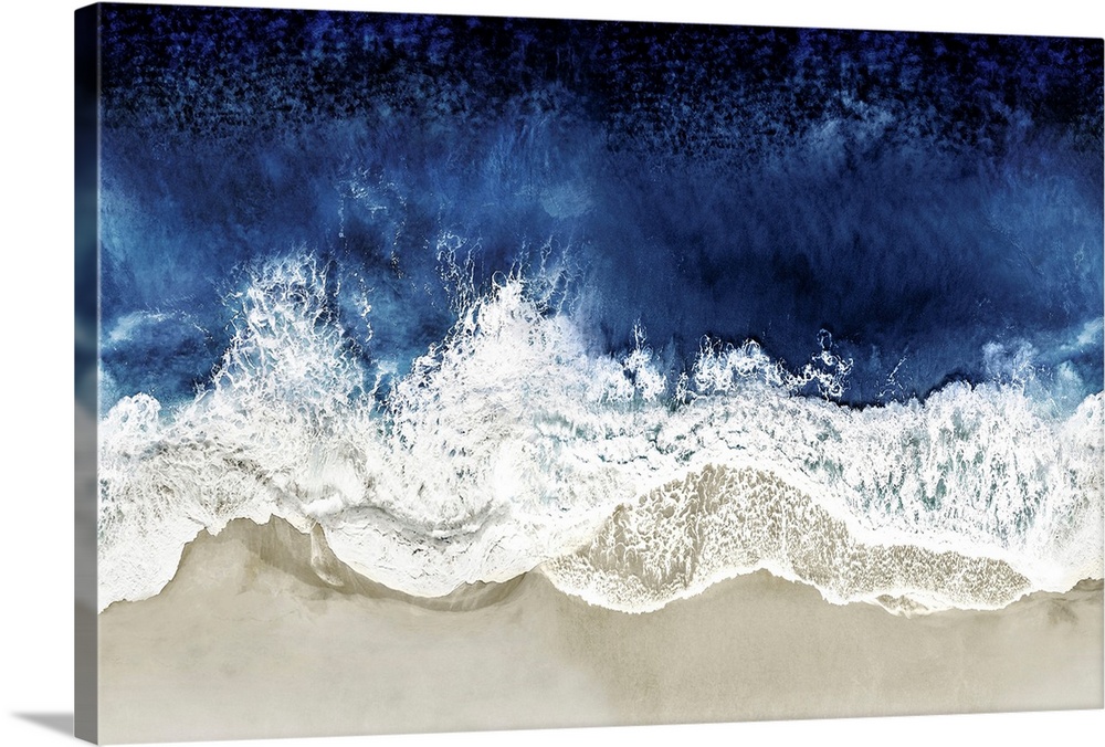One artwork in a series of aerial shots of a beach as dark blue waves break upon the shore.