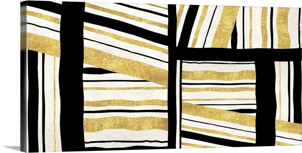 Large abstract decor with gold, white, and black lines in all directions creating movement around the canvas.