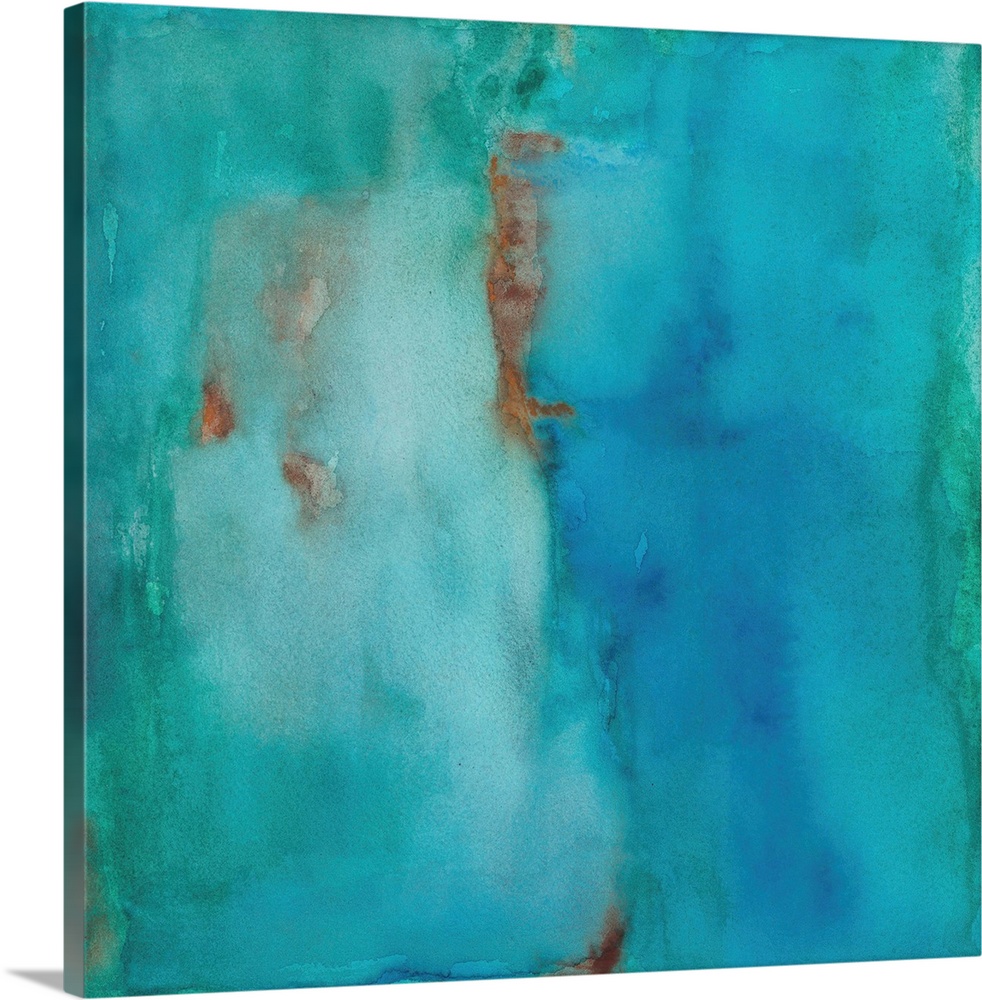 Square abstract painting in shades of blue with hints of orange.