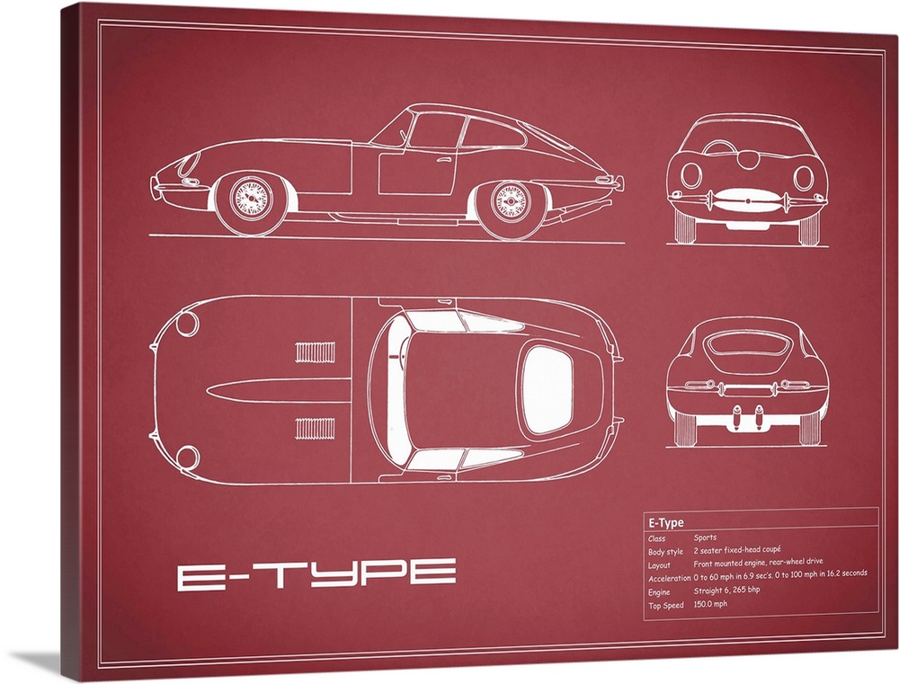 Antique style blueprint diagram of a Jaguar C Type printed on a Maroon background