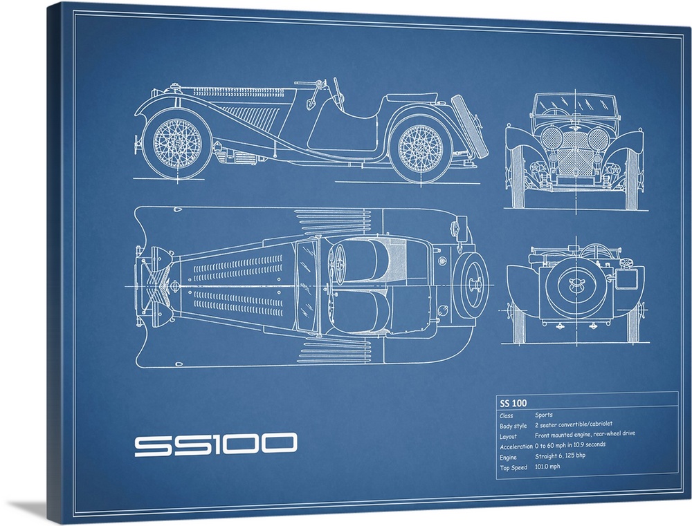Antique style blueprint diagram of a Jaguar SS 100 printed on a Blue background