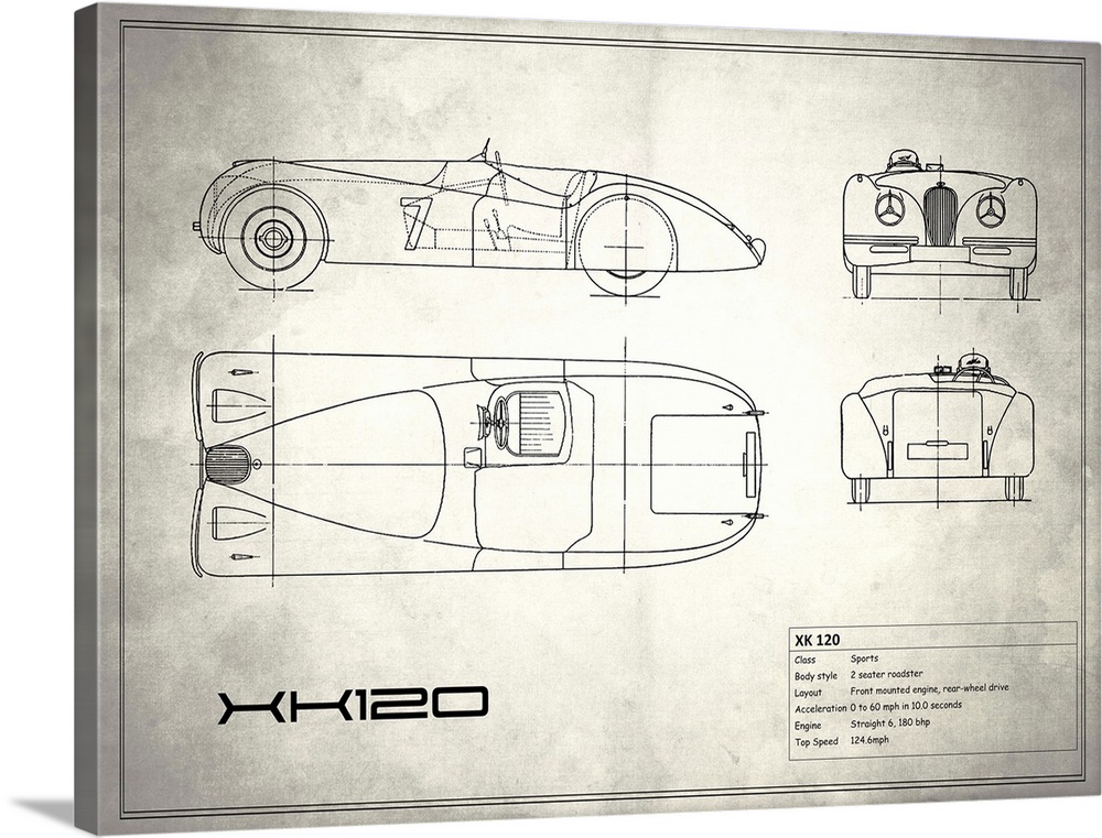 Antique style blueprint diagram of a Jaguar XK 120 printed on a weathered white and gray background.